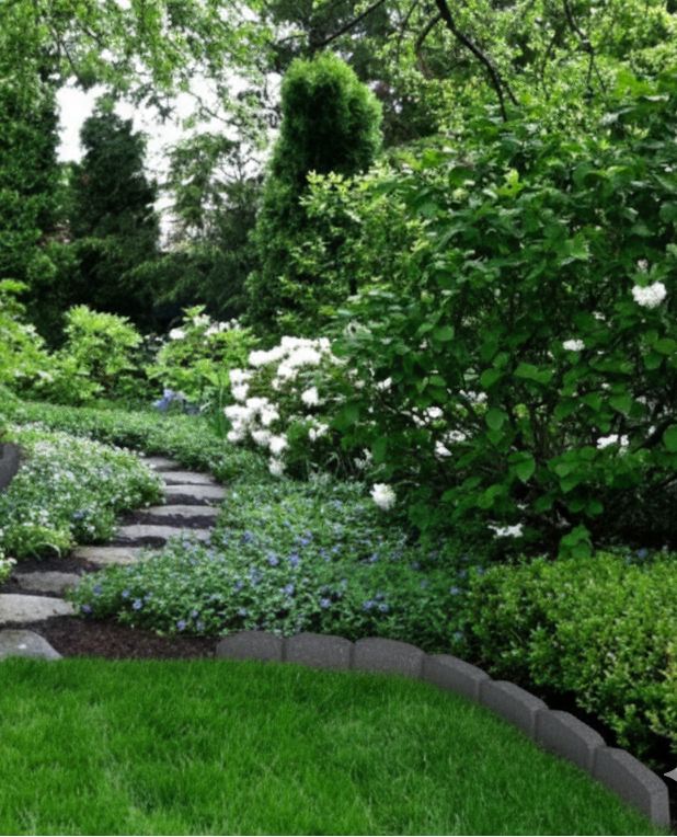 Nestled garden with a stone path winding through greenery and flowers